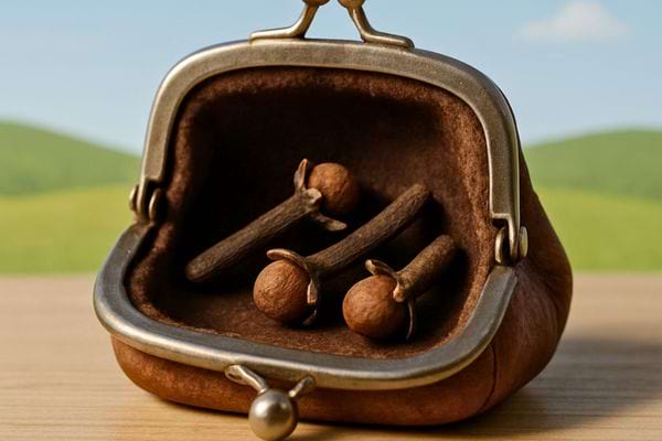 Un petit porte monnaie ouvert contient plusieurs clous de girofle.
