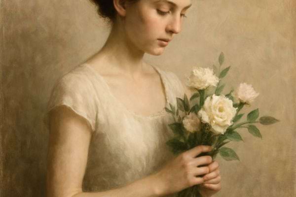 Une femme tient délicatement un bouquet de fleurs blanches dans un style pictural.