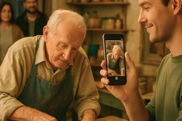 Un homme filme un artisan senior concentré sur son travail.