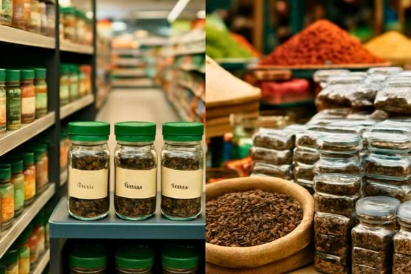  Des pots d&rsquo;&eacute;pices remplis de girofle sont align&eacute;s dans un rayon de magasin.