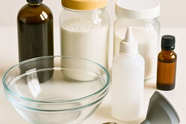 Ensemble de bocaux et bouteilles contenant ingrédients naturels pour faire un nettoyant écologique.