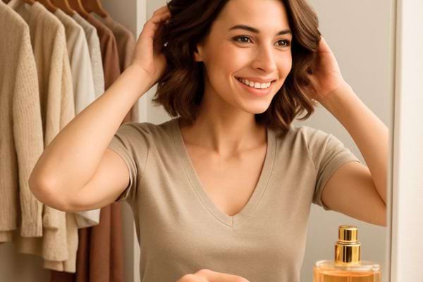 Femme souriante arrangant ses cheveux devant un miroir dans sa chambre.