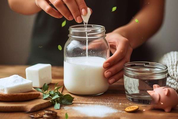 Personne préparant une lessive maison dans un bocal avec savon, bicarbonate et eau.