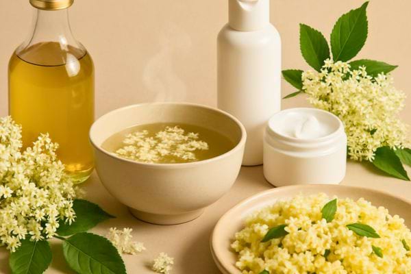 Des fleurs de sureau sont utilisees pour une tisane et des soins naturels.