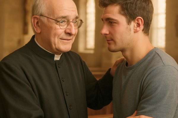 Prêtre âgé réconfortant un jeune homme dans une église.