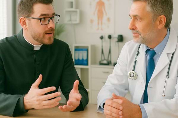 un pretre parle avec un medecin dans un cabinet lumineux.