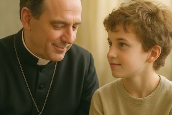 un pretre regarde tendrement un jeune garcon assis pres de lui.