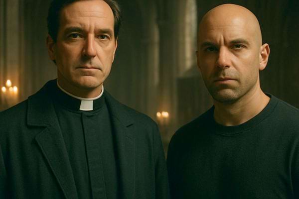 Prêtre et homme au regard sérieux posant dans une église sombre.