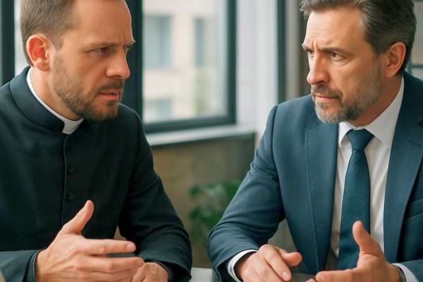 un pretre discute serieusement avec un homme en costume.
