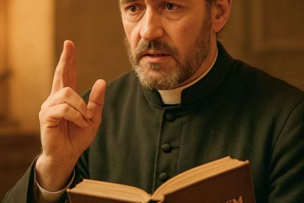 Un pretre lit un livre religieux en levant deux doigts comme pour enseigner.