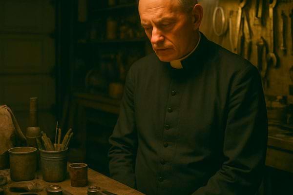 Prêtre pensif dans un atelier sombre rempli d’outils.