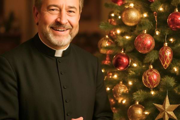 un pretre souriant pose devant un sapin de noel illumine.