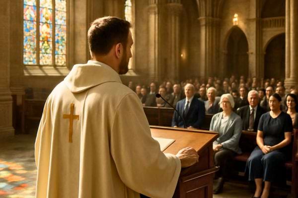 Un pretre parle a la congregation depuis la chaire d’une grande eglise.