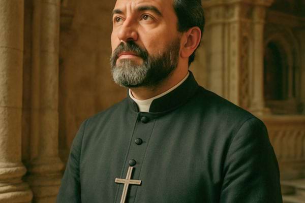 Prêtre barbu en habit noir regardant vers le haut dans une église.