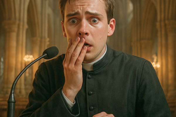 un jeune pretre choque couvre sa bouche devant un micro.