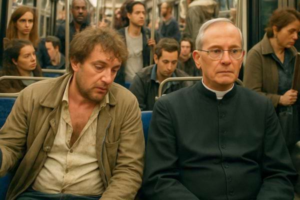 un pretre assis dans le metro a cote dun homme fatigue.