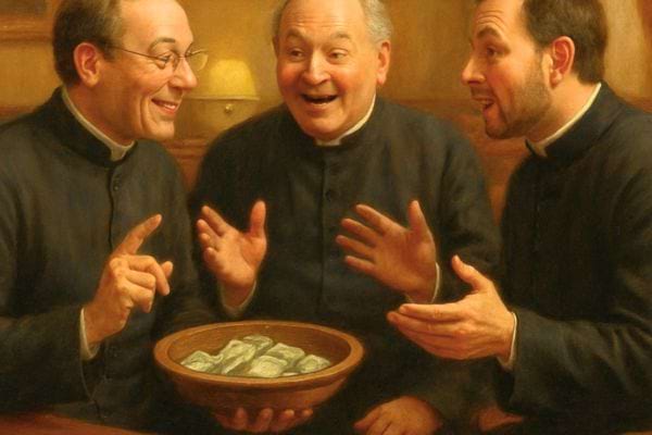 Trois pretres rient joyeusement autour d’un plat pose sur une table.