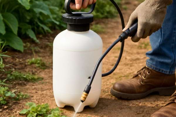  une main utilise un pulverisateur pour traiter les mauvaises herbes.