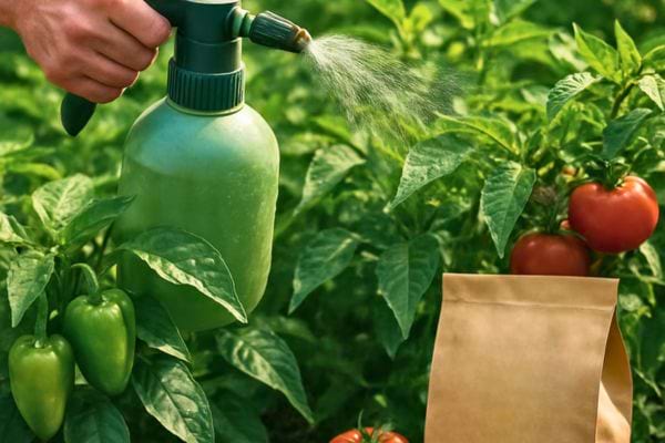  un jardinier vaporise une solution naturelle sur des tomates et poivrons.