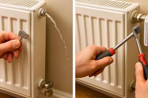mains purgant un radiateur avec une cle et un outil.