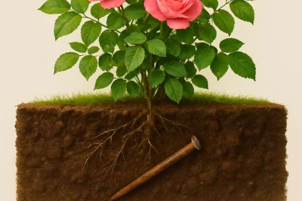 Un sch&eacute;ma montre un rosier dont les racines entourent un clou enterr&eacute;.