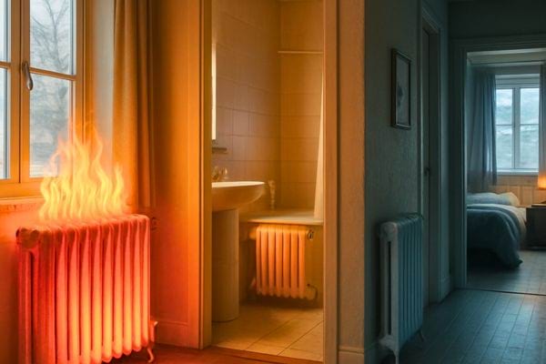 radiateur rougeoyant avec flammes illustrant un risque de surchauffe.