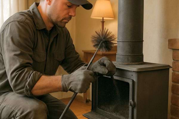 Un professionnel ramone un po&ecirc;le &agrave; bois avec une brosse sp&eacute;ciale.