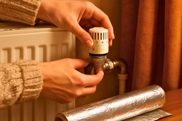 mains ajustant une vanne de radiateur pour regler la chaleur.