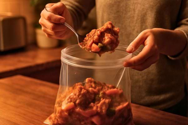 Une personne verse un rago&ucirc;t maison dans un grand sachet plastique refermable.