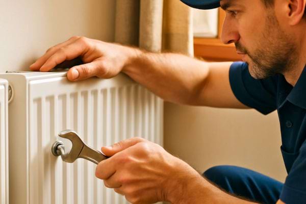 technicien serrant un ecrou de radiateur pour entretien.
