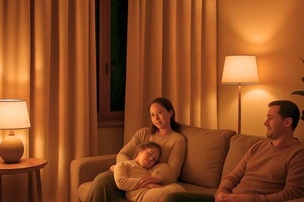 Une famille repos&eacute;e dans leur salon.