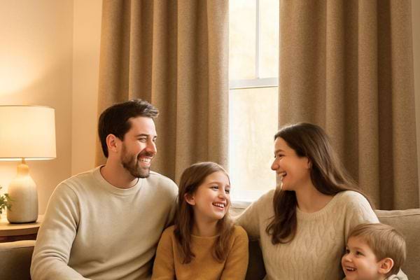 Une famille repos&eacute;e dans un salon.