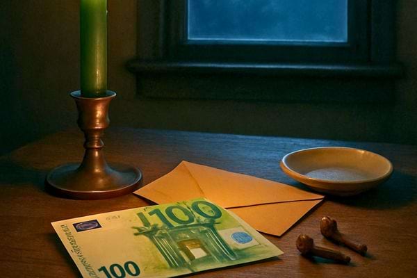 Un billet de 100 euros et deux clous sont poses pres d une bougie verte.