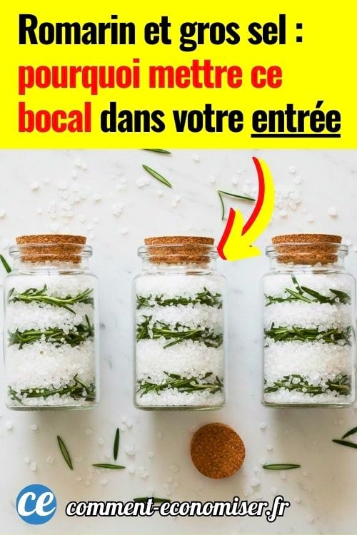 trois bocaux de gros sel et de brindilles de romarin posés sur un plan de travail en marbre