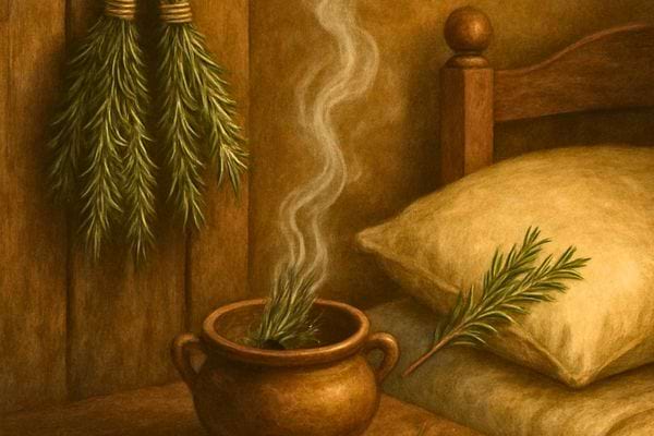 Une infusion de romarin fume dans un petit pot pres d un lit en bois.
