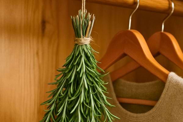 Un fagot de romarin frais est accroche dans un placard avec des cintres.