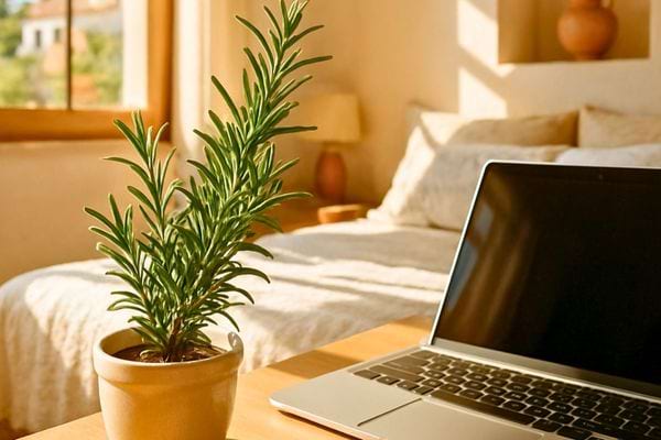 Un romarin en pot est pose sur un bureau avec un ordinateur dans une chambre lumineuse.