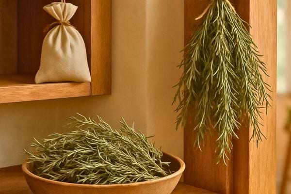 Du romarin seche est dans un bol et un fagot est suspendu a une etagere.
