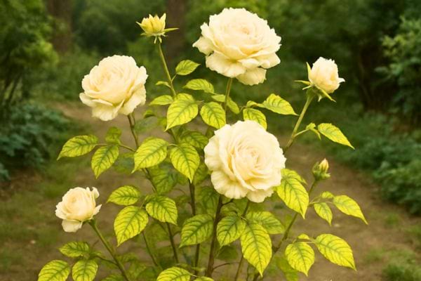 Un rosier aux feuilles jaunes montre un signe de carence ou de stress.