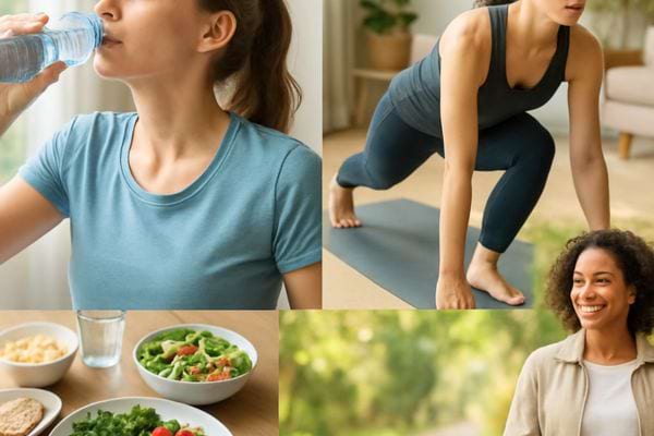 Sequence montrant hydratation, sport, repas sains et marche quotidienne.