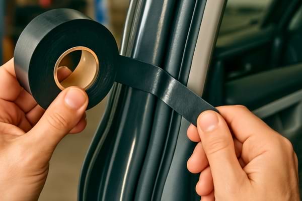 Deux mains posent un ruban adhesif noir le long du joint d une portiere.