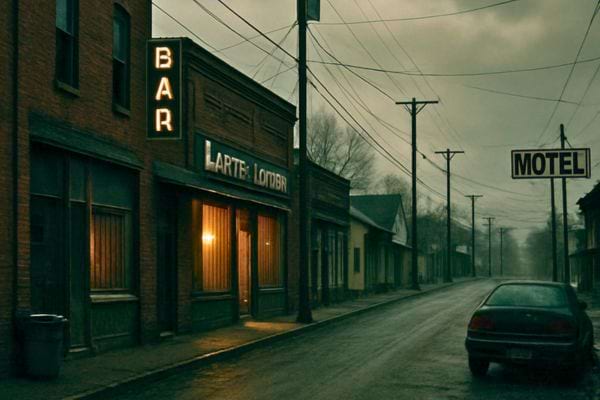 Une rue sombre et humide avec un bar eclaire et un motel au loin.
