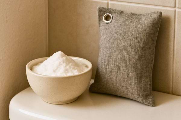  Un bol de poudre absorbante et un sachet désodorisant reposent sur un rebord beige.