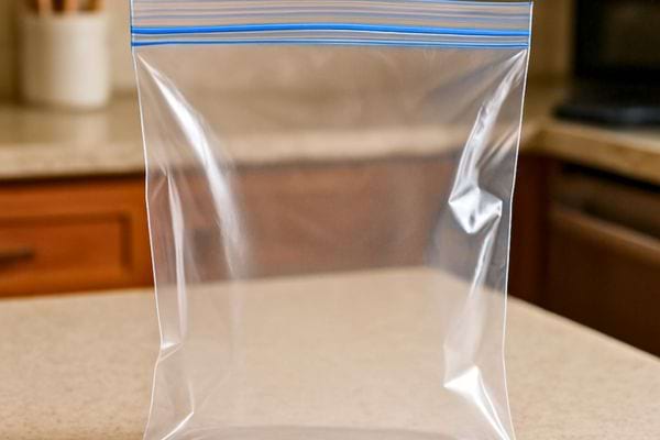 Un sachet plastique refermable est pose vide sur un plan de travail de cuisine.