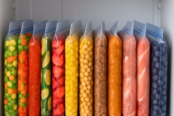 Plusieurs sachets remplis de legumes, fruits et plats colores sont ranges dans un congelateur.