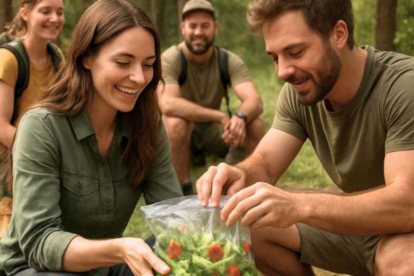 Des randonneurs ouvrent un sachet rempli de salade fraiche lors d&rsquo;une pause en pleine nature.