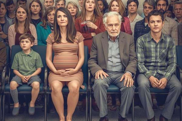 Famille et autres personnes assises dans une salle d’attente, visages sérieux.
