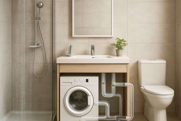 Une salle de bain presente un reseau de canalisations sous le lavabo et la douche.