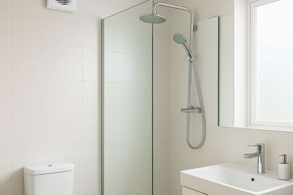  Une salle de bain moderne et épurée montre une douche vitrée et des surfaces blanches.