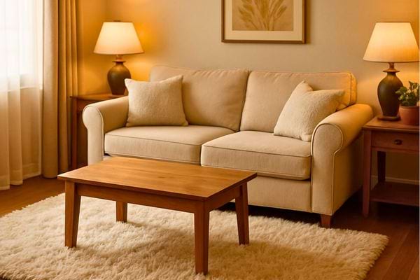 Un salon avec un canape beige, deux lampes allumees et une ambiance cosy.